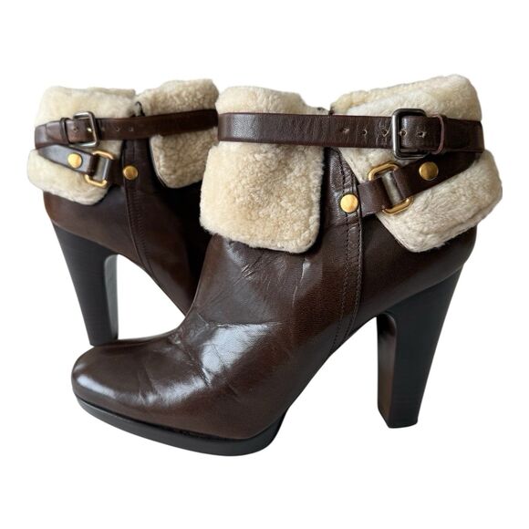 Miu Miu Shearling Lined Brown Leather Ankle Boots SIZE 9.5 Buckle Strap Designer - Picture 5 of 16